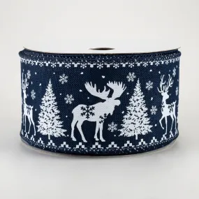 2.5" Moose, Deer, Tree, Snowflake Ribbon: Navy Blue (10 Yards)