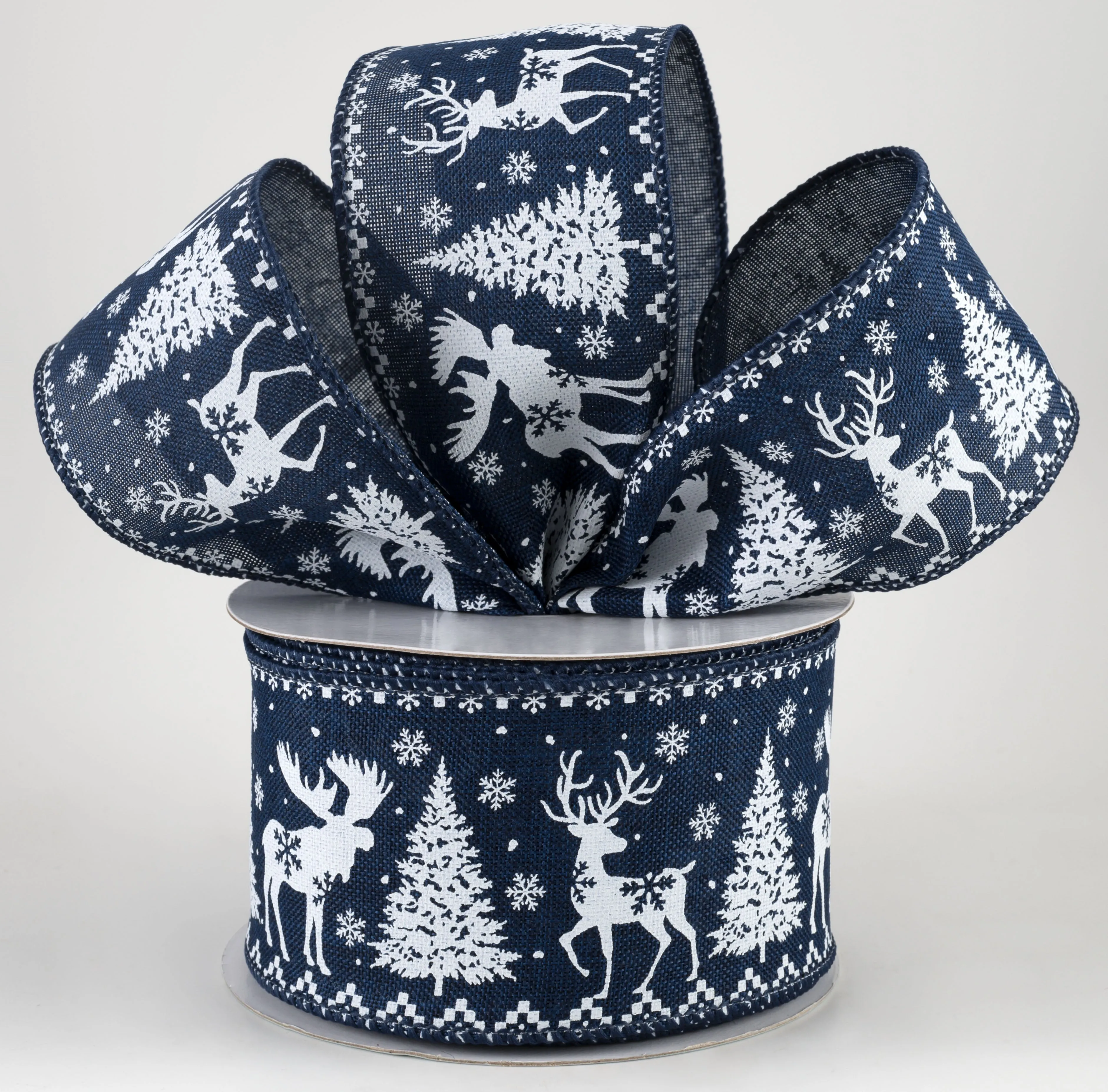 2.5" Moose, Deer, Tree, Snowflake Ribbon: Navy Blue (10 Yards)