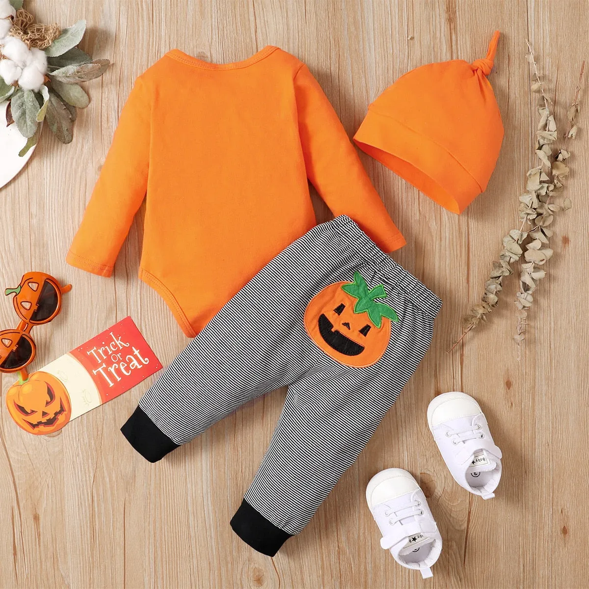 3PCS Halloween Letter and Pumpkin Print Bowknot Baby Romper Set