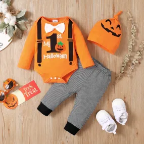 3PCS Halloween Letter and Pumpkin Print Bowknot Baby Romper Set