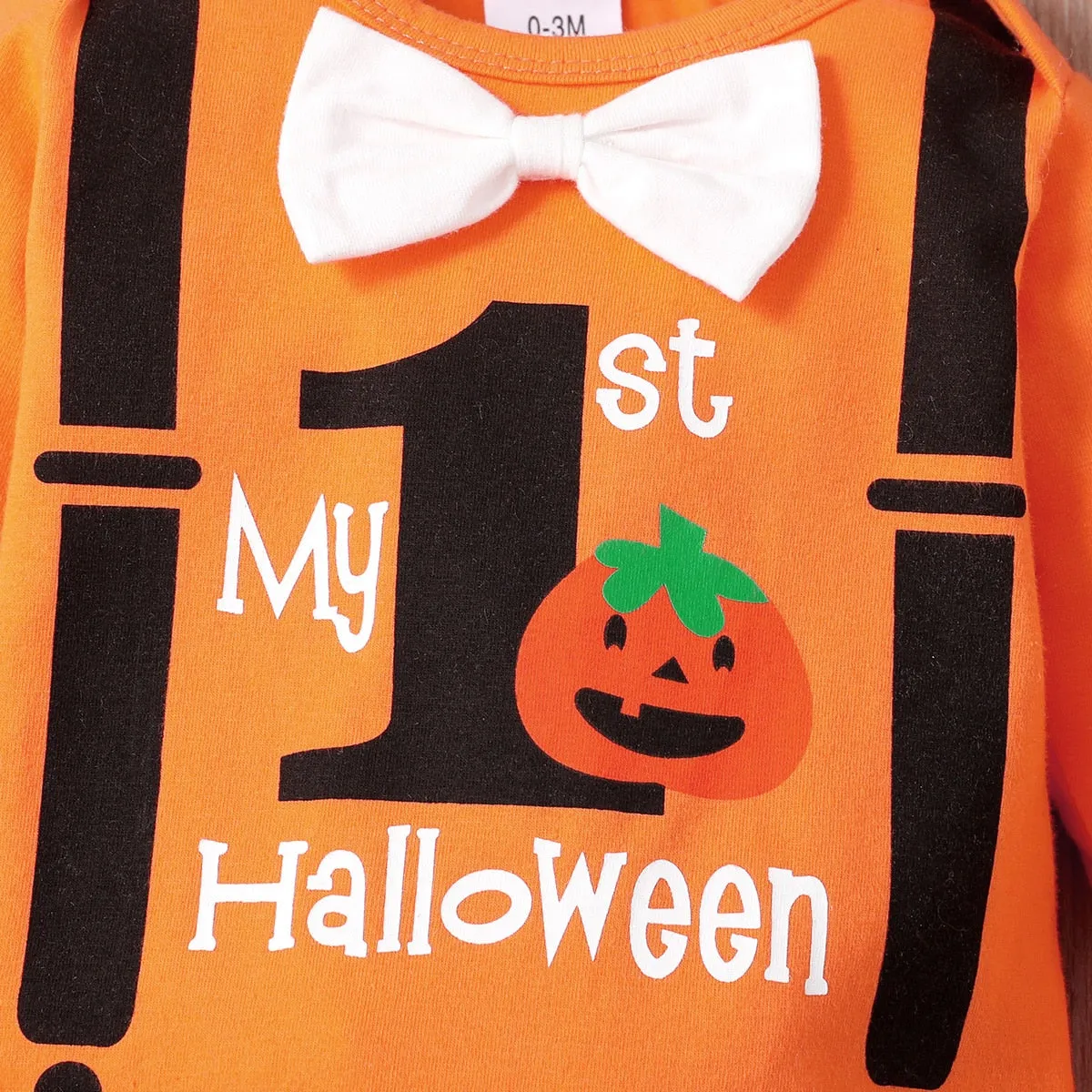 3PCS Halloween Letter and Pumpkin Print Bowknot Baby Romper Set