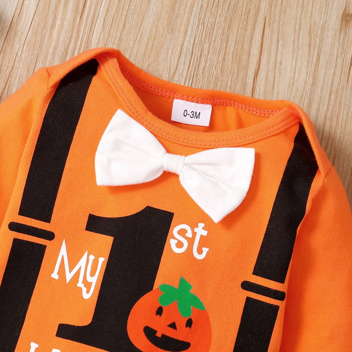 3PCS Halloween Letter and Pumpkin Print Bowknot Baby Romper Set