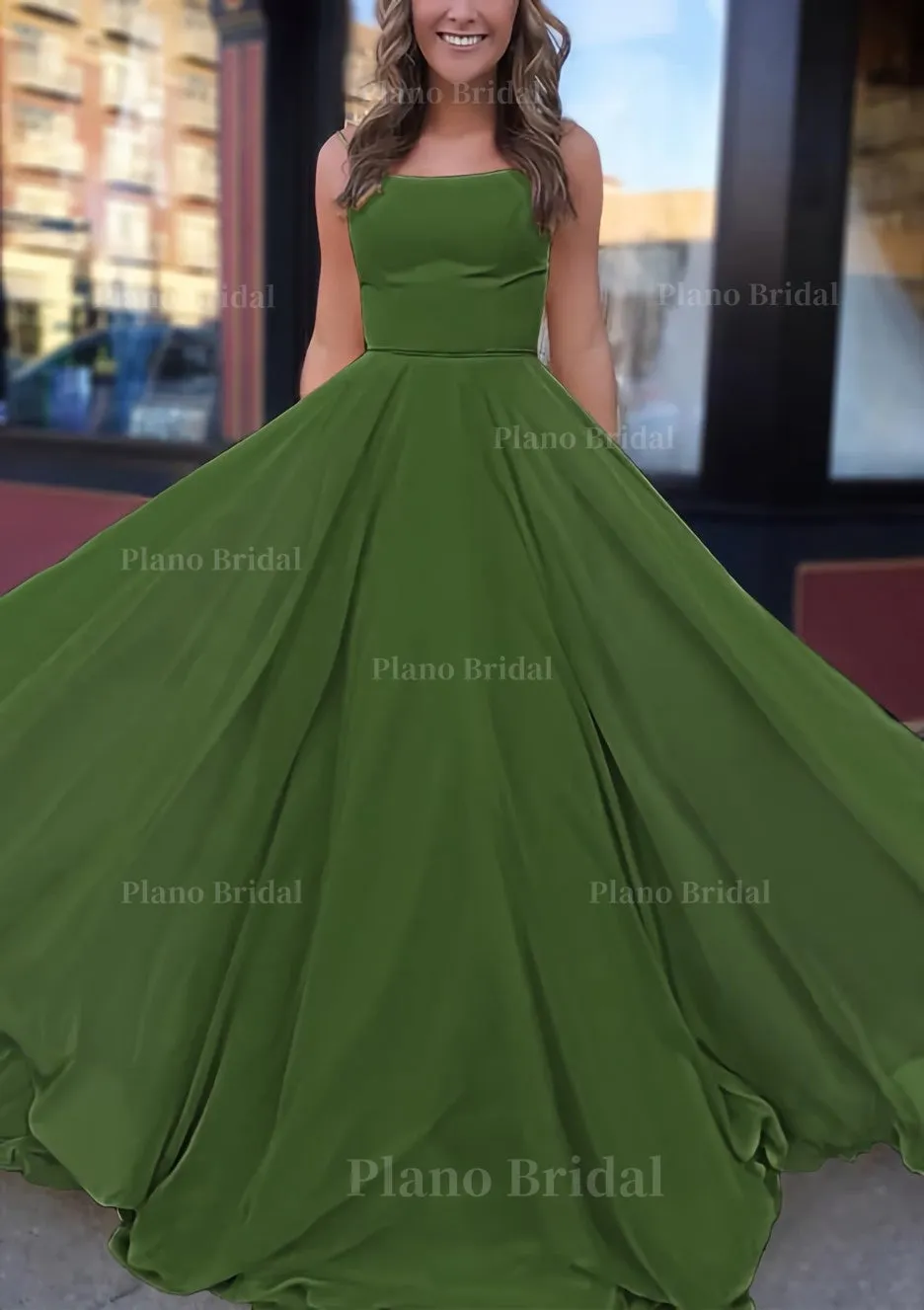A-line Bateau Spaghetti Straps Sweep Train Chiffon Prom Dress