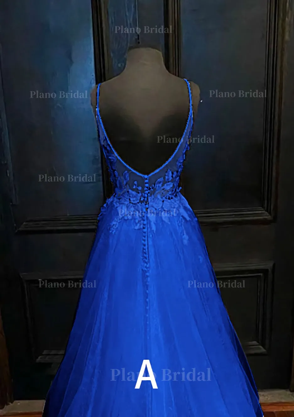 A-line V Neck Spaghetti Straps Sweep Train Tulle Prom Dress With Appliqued