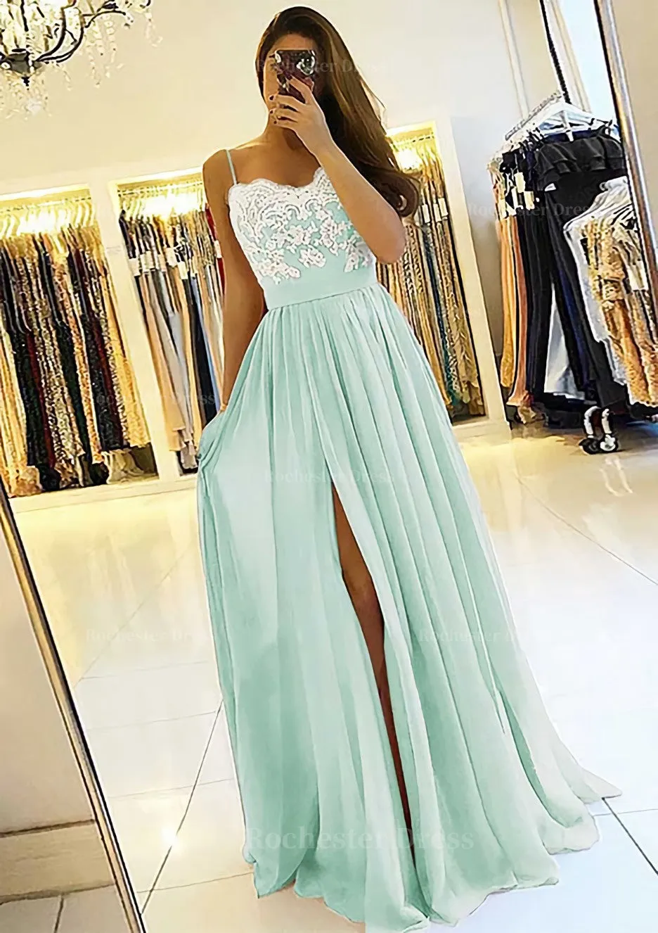 A-line/Princess Sweetheart Sleeveless Long/Floor-Length Chiffon Prom Dress With Split Appliqued