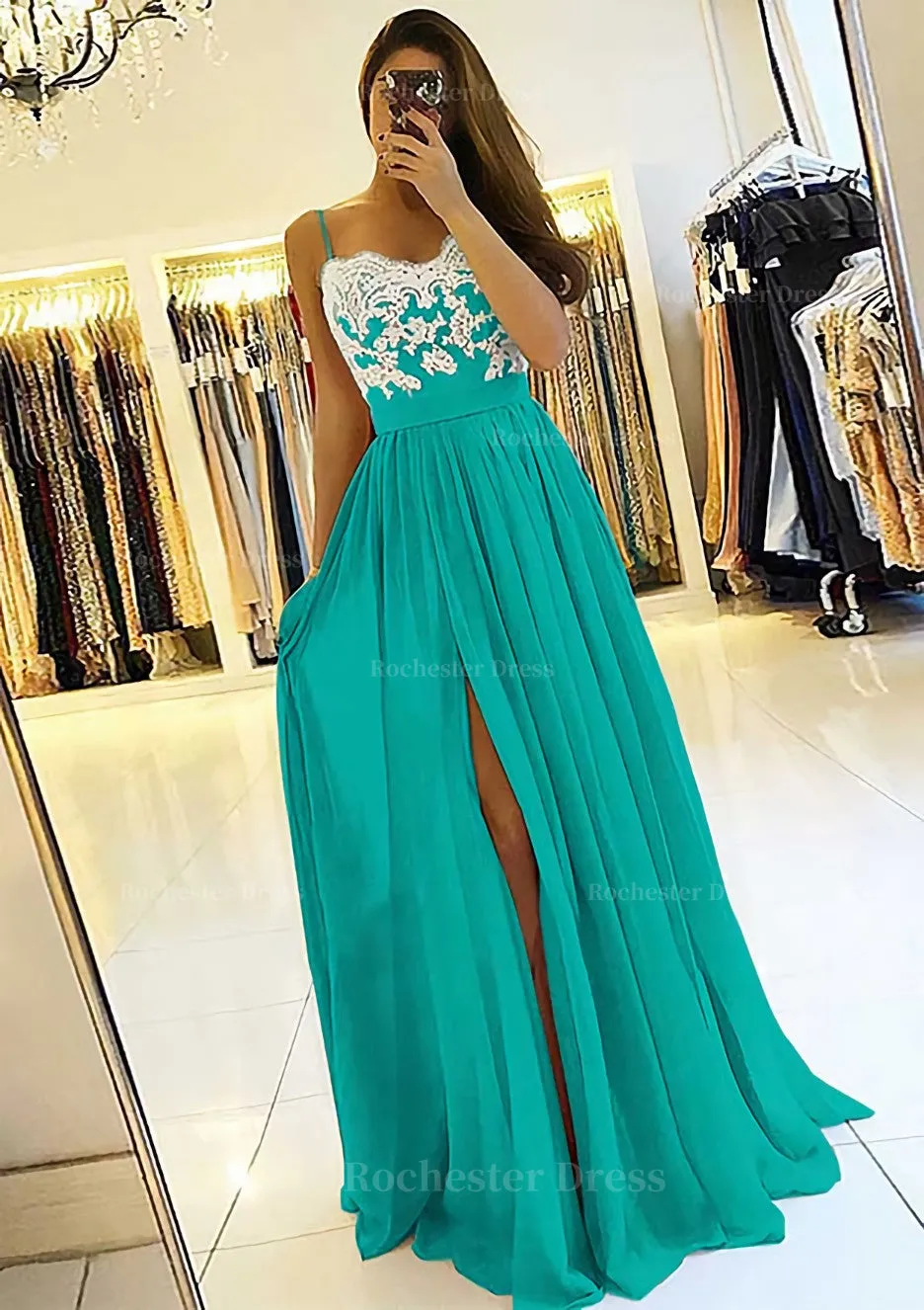 A-line/Princess Sweetheart Sleeveless Long/Floor-Length Chiffon Prom Dress With Split Appliqued