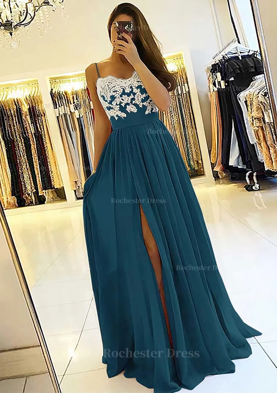 A-line/Princess Sweetheart Sleeveless Long/Floor-Length Chiffon Prom Dress With Split Appliqued