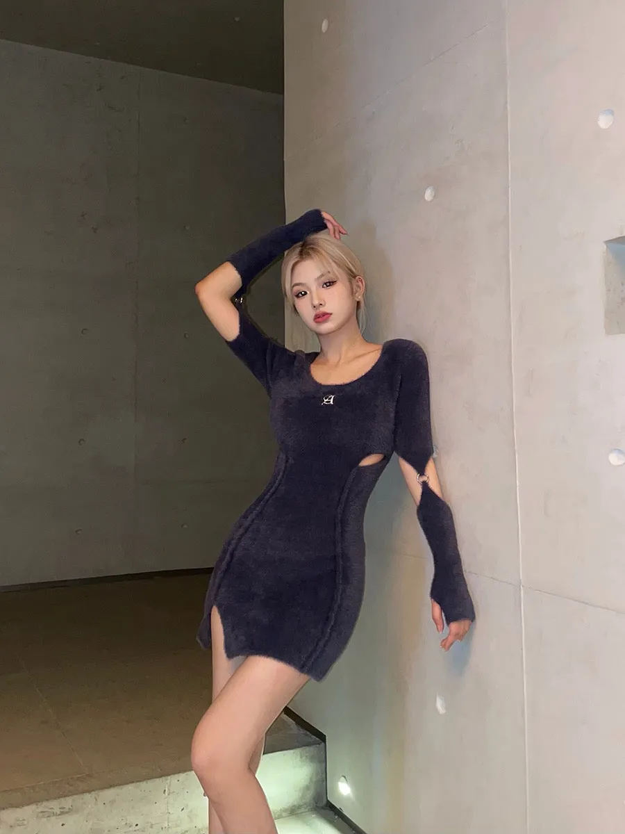 AGAM LONG BLUE SLEEVES PLUSH WAIST KNIT SWEATER DRESS