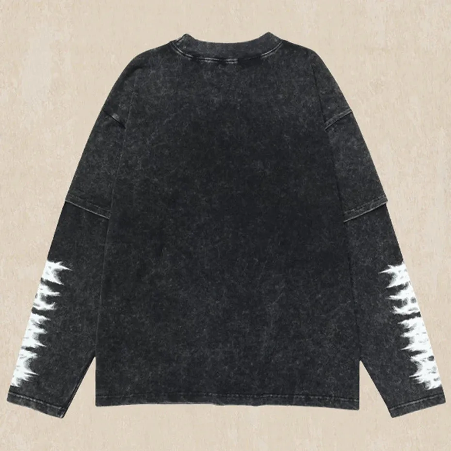 Aidase Snowflake Washed Vintage T Shirts Men Hip Hop Oversized Long Sleeve T-shirt Harajuku Streetwear Loose Cotton Tee Shirt Man