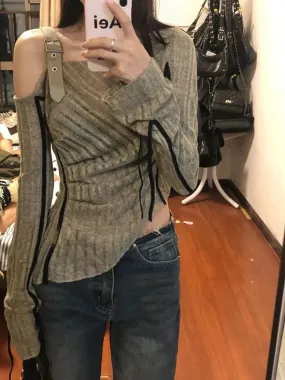Aiertu 2024 Spring Autumn Grunge Fashion Off Shoulder T-shirts Streetwear Slim Hollow Out Knitted Top Women Patchwork 2k Aesthetic Tees