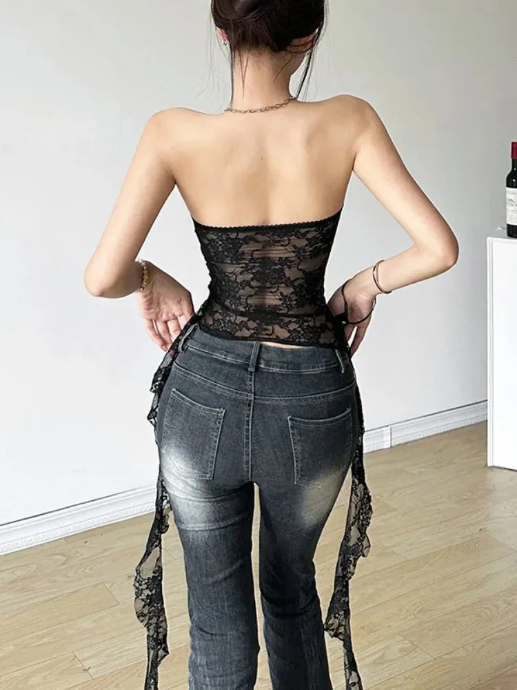 Aiertu 2024 Summer Harajuku Y2k Aesthetic Black Tanks Korean Sexy Lace Cropped Vest Tops Women Streetwear Backless Grunge Camisoles