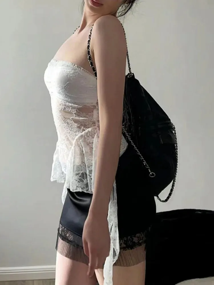 Aiertu 2024 Summer Harajuku Y2k Aesthetic Black Tanks Korean Sexy Lace Cropped Vest Tops Women Streetwear Backless Grunge Camisoles