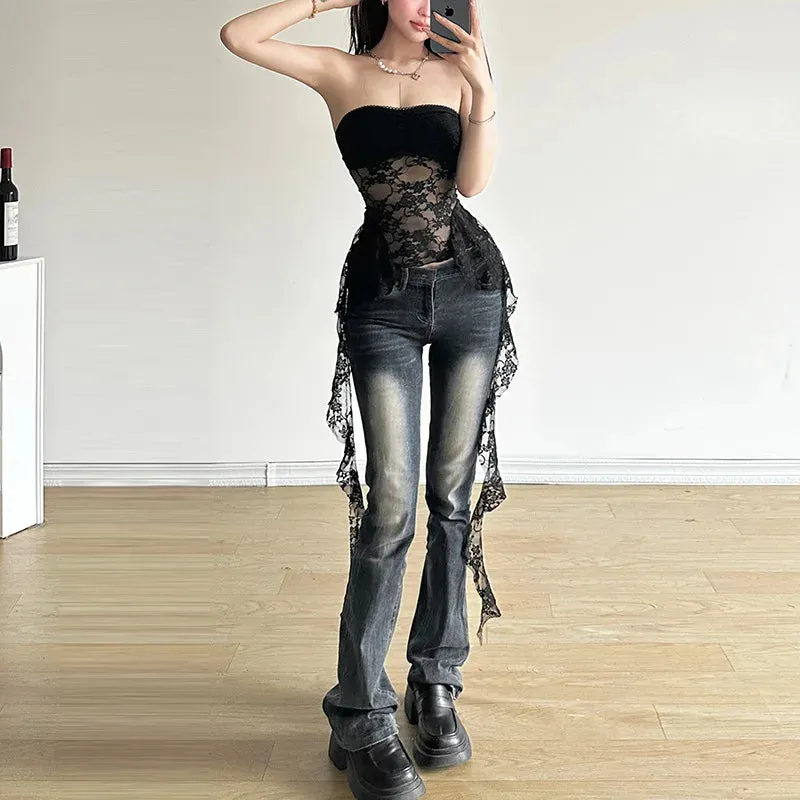 Aiertu 2024 Summer Harajuku Y2k Aesthetic Black Tanks Korean Sexy Lace Cropped Vest Tops Women Streetwear Backless Grunge Camisoles