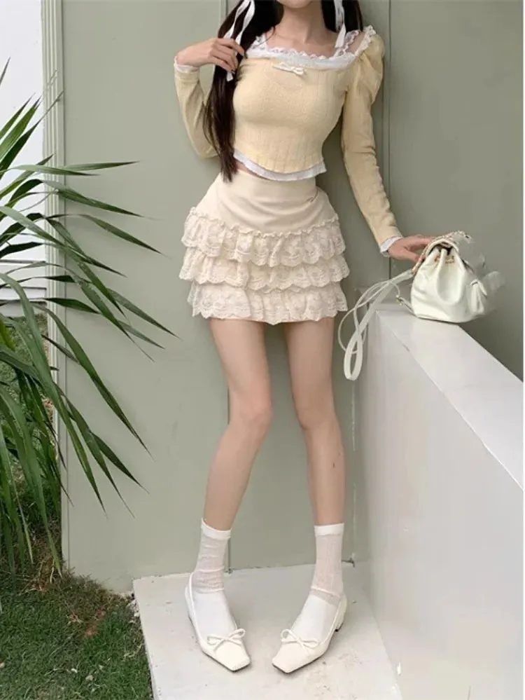 Aiertu Fake Two Pieces Square Collar Knitted Top Women Long Sleeve Lace Bow Patchwork Off Shoulder T-shirt All Match Y2k Aesthetic Tees
