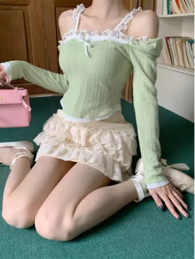 Aiertu Fake Two Pieces Square Collar Knitted Top Women Long Sleeve Lace Bow Patchwork Off Shoulder T-shirt All Match Y2k Aesthetic Tees