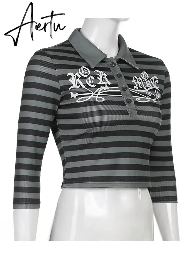 Aiertu Goth Print Tops Stripe Cute Y2K T-Shirts Dark Academia Techwear Button Up V Neck Half Sleeve Sweat Shirts Grunge Tees