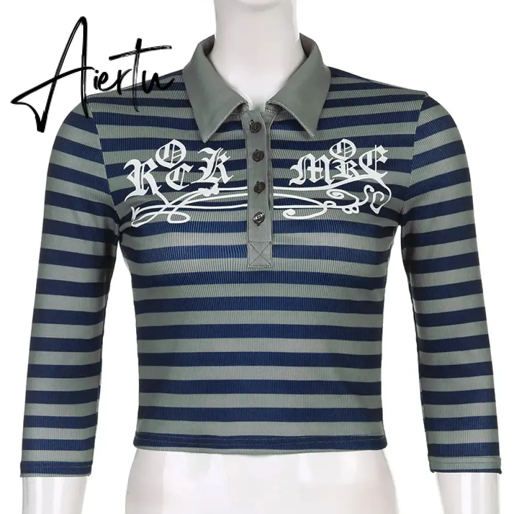 Aiertu Goth Print Tops Stripe Cute Y2K T-Shirts Dark Academia Techwear Button Up V Neck Half Sleeve Sweat Shirts Grunge Tees