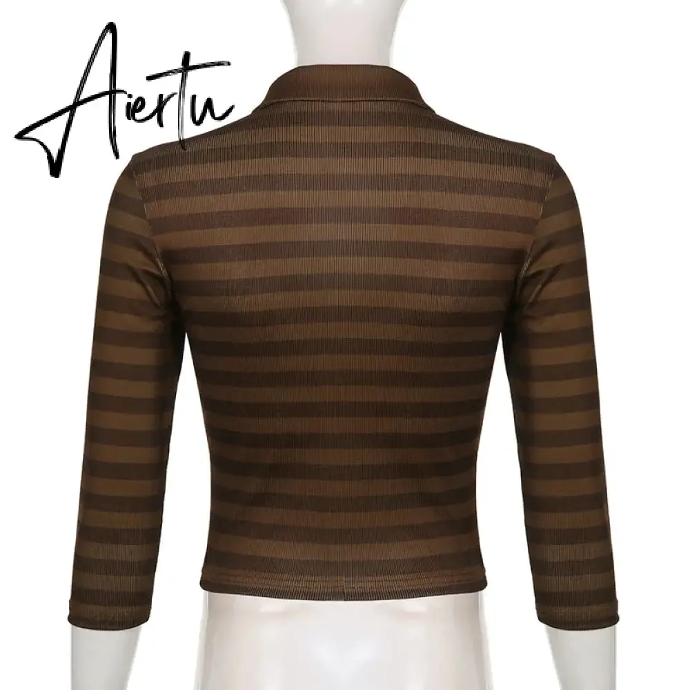 Aiertu Goth Print Tops Stripe Cute Y2K T-Shirts Dark Academia Techwear Button Up V Neck Half Sleeve Sweat Shirts Grunge Tees