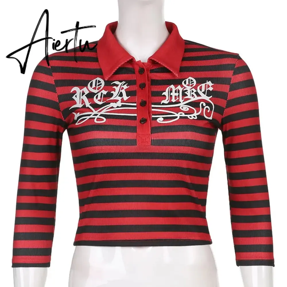 Aiertu Goth Print Tops Stripe Cute Y2K T-Shirts Dark Academia Techwear Button Up V Neck Half Sleeve Sweat Shirts Grunge Tees