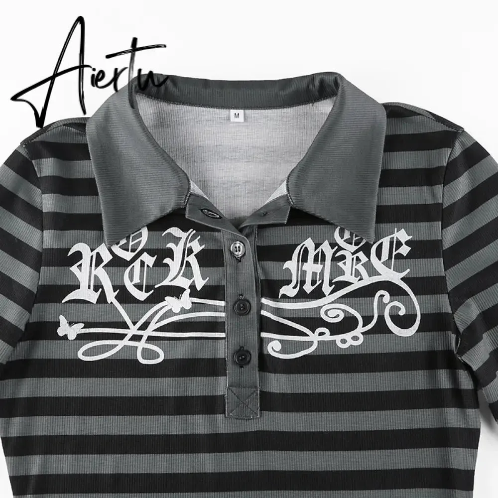 Aiertu Goth Print Tops Stripe Cute Y2K T-Shirts Dark Academia Techwear Button Up V Neck Half Sleeve Sweat Shirts Grunge Tees