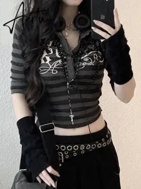 Aiertu Goth Print Tops Stripe Cute Y2K T-Shirts Dark Academia Techwear Button Up V Neck Half Sleeve Sweat Shirts Grunge Tees