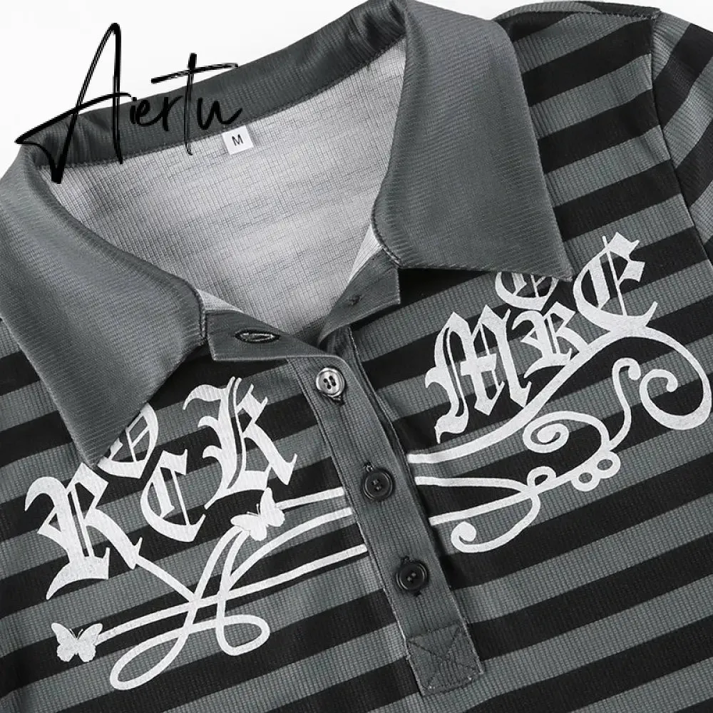 Aiertu Goth Print Tops Stripe Cute Y2K T-Shirts Dark Academia Techwear Button Up V Neck Half Sleeve Sweat Shirts Grunge Tees