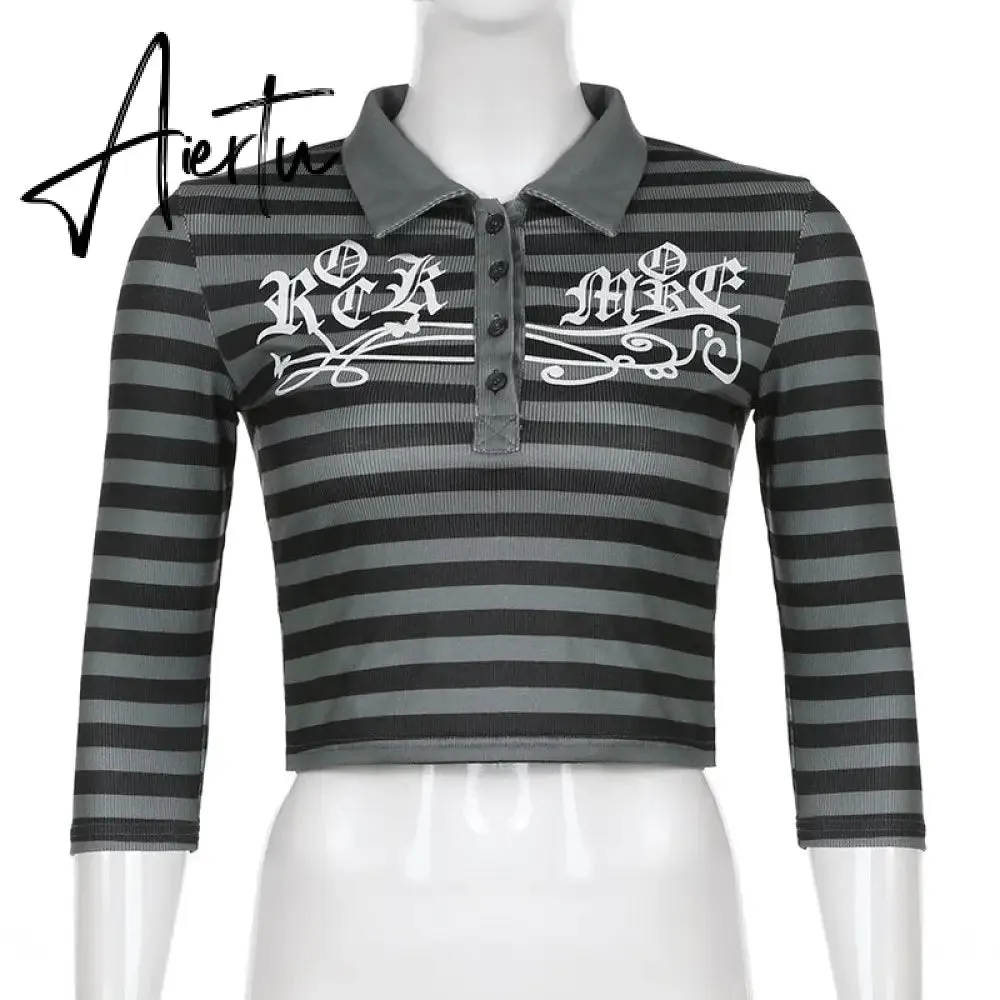 Aiertu Goth Print Tops Stripe Cute Y2K T-Shirts Dark Academia Techwear Button Up V Neck Half Sleeve Sweat Shirts Grunge Tees