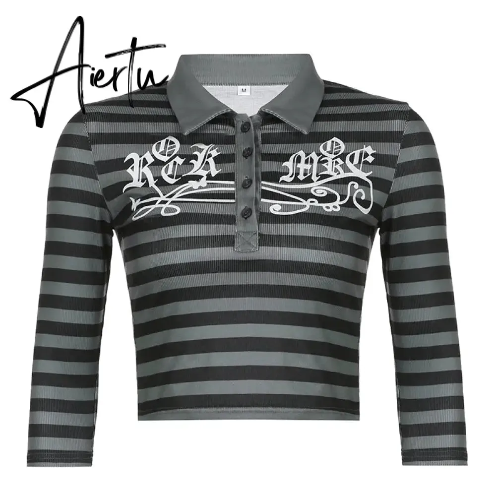Aiertu Goth Print Tops Stripe Cute Y2K T-Shirts Dark Academia Techwear Button Up V Neck Half Sleeve Sweat Shirts Grunge Tees