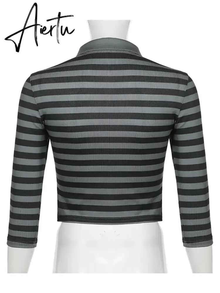 Aiertu Goth Print Tops Stripe Cute Y2K T-Shirts Dark Academia Techwear Button Up V Neck Half Sleeve Sweat Shirts Grunge Tees