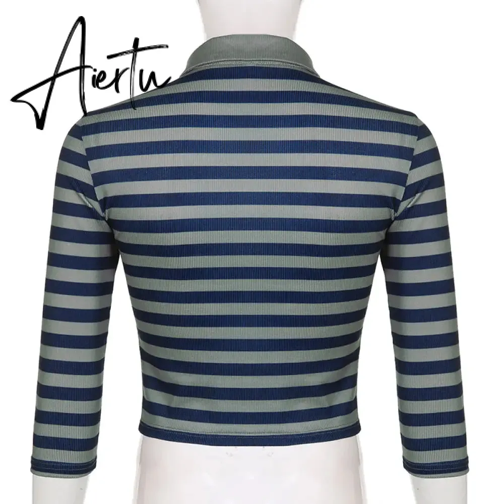 Aiertu Goth Print Tops Stripe Cute Y2K T-Shirts Dark Academia Techwear Button Up V Neck Half Sleeve Sweat Shirts Grunge Tees