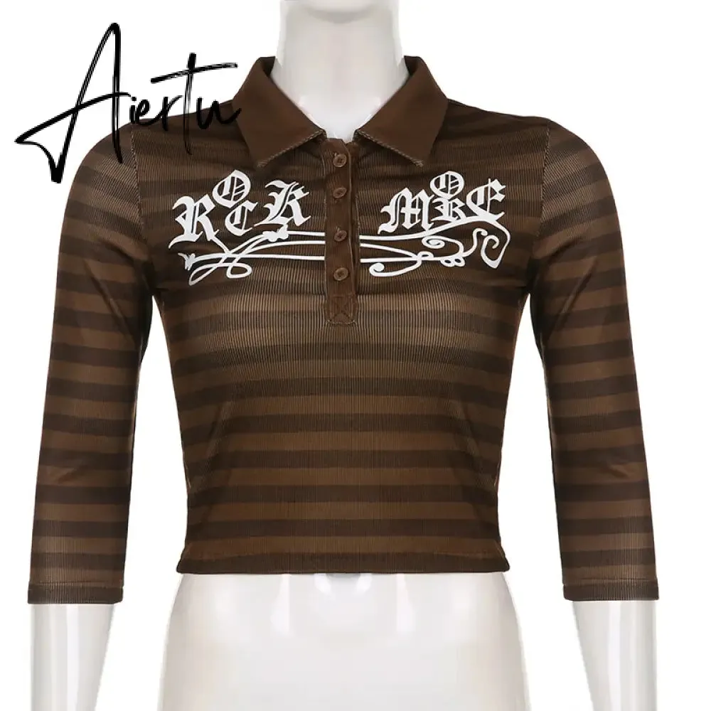 Aiertu Goth Print Tops Stripe Cute Y2K T-Shirts Dark Academia Techwear Button Up V Neck Half Sleeve Sweat Shirts Grunge Tees
