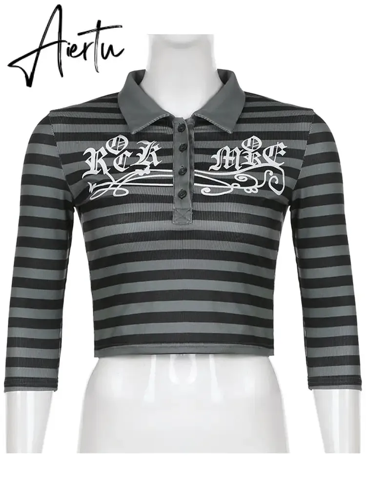 Aiertu Goth Print Tops Stripe Cute Y2K T-Shirts Dark Academia Techwear Button Up V Neck Half Sleeve Sweat Shirts Grunge Tees