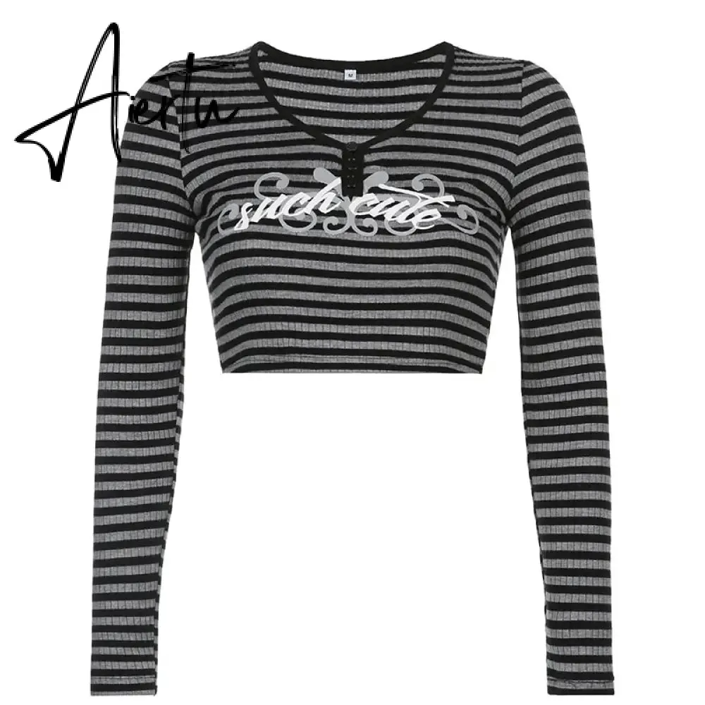 Aiertu Goth Print Tops Stripe Cute Y2K T-Shirts Dark Academia Techwear Button Up V Neck Half Sleeve Sweat Shirts Grunge Tees