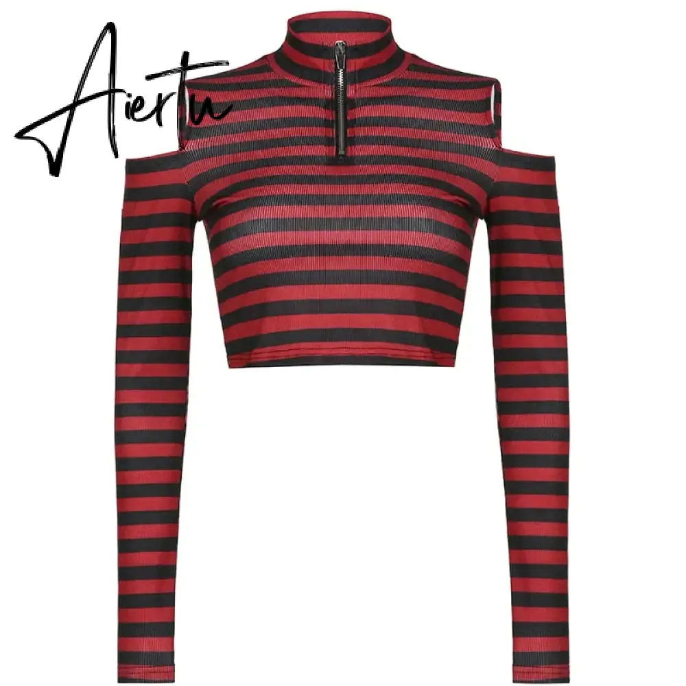 Aiertu Goth Print Tops Stripe Cute Y2K T-Shirts Dark Academia Techwear Button Up V Neck Half Sleeve Sweat Shirts Grunge Tees
