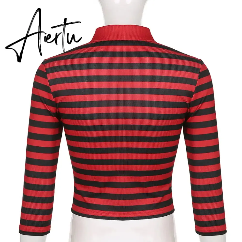 Aiertu Goth Print Tops Stripe Cute Y2K T-Shirts Dark Academia Techwear Button Up V Neck Half Sleeve Sweat Shirts Grunge Tees