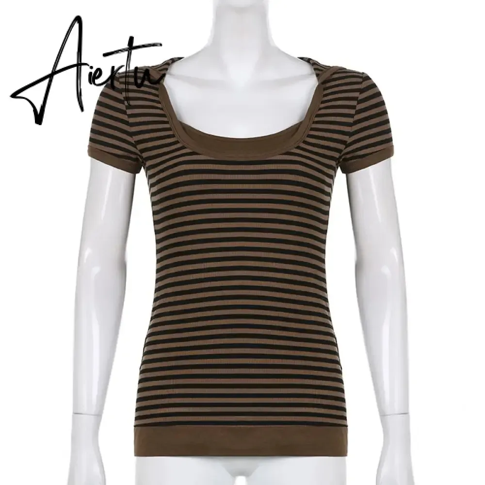 Aiertu Goth Print Tops Stripe Cute Y2K T-Shirts Dark Academia Techwear Button Up V Neck Half Sleeve Sweat Shirts Grunge Tees