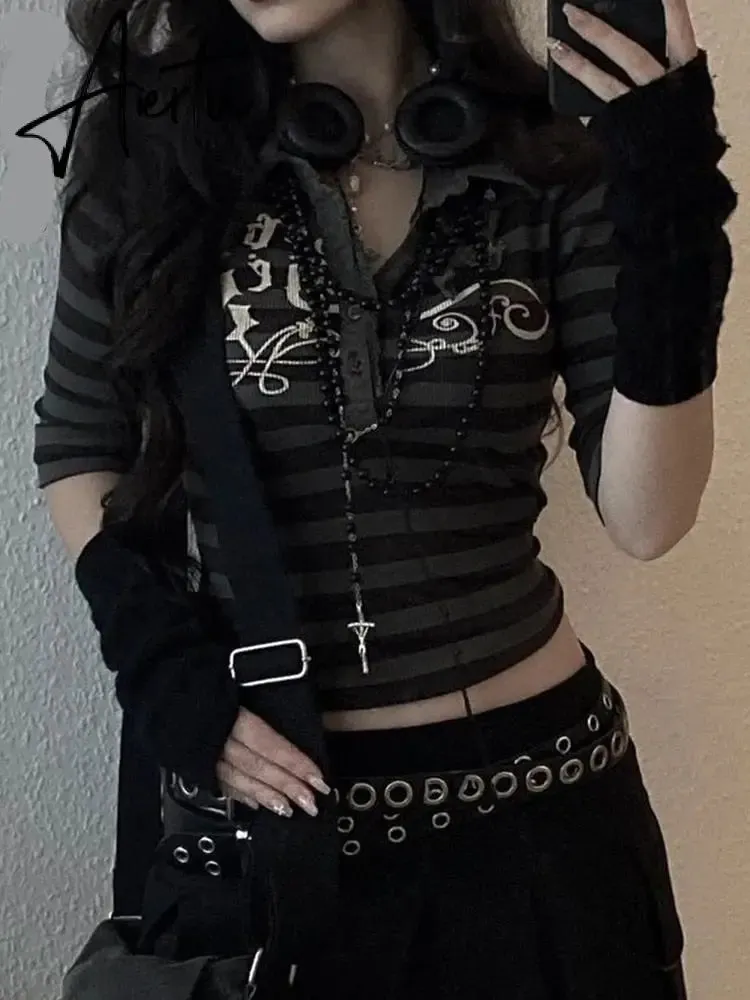 Aiertu Goth Print Tops Stripe Cute Y2K T-Shirts Dark Academia Techwear Button Up V Neck Half Sleeve Sweat Shirts Grunge Tees