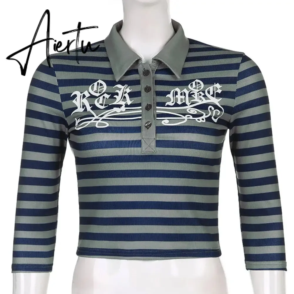 Aiertu Goth Print Tops Stripe Cute Y2K T-Shirts Dark Academia Techwear Button Up V Neck Half Sleeve Sweat Shirts Grunge Tees