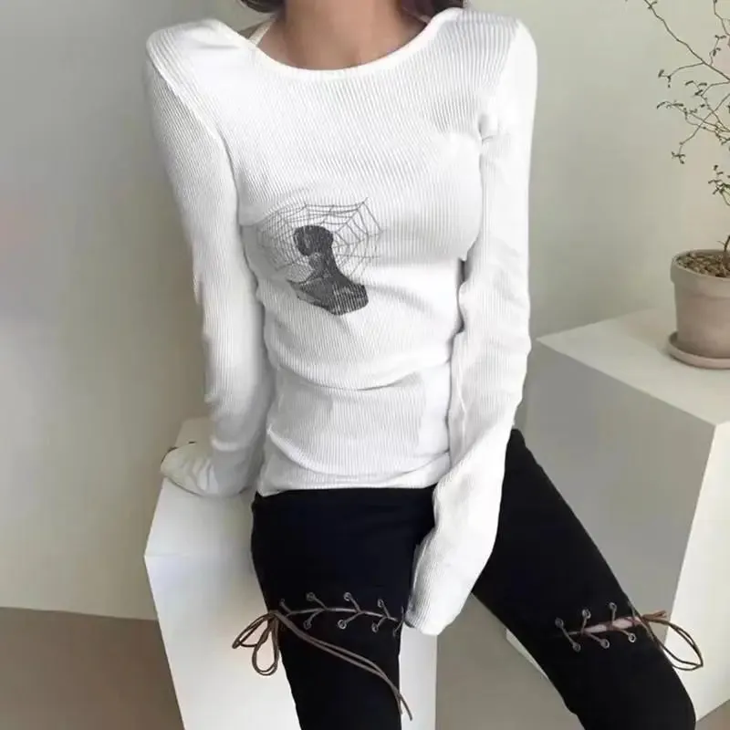 Aiertu Grunge Ribbed T-shirt Korean Fashion Chic Print Long Sleeve Tee Shirt Kpop Fairycore Knitted Tshirt Harajuku Streetwear