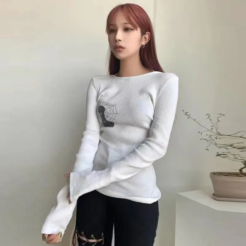 Aiertu Grunge Ribbed T-shirt Korean Fashion Chic Print Long Sleeve Tee Shirt Kpop Fairycore Knitted Tshirt Harajuku Streetwear