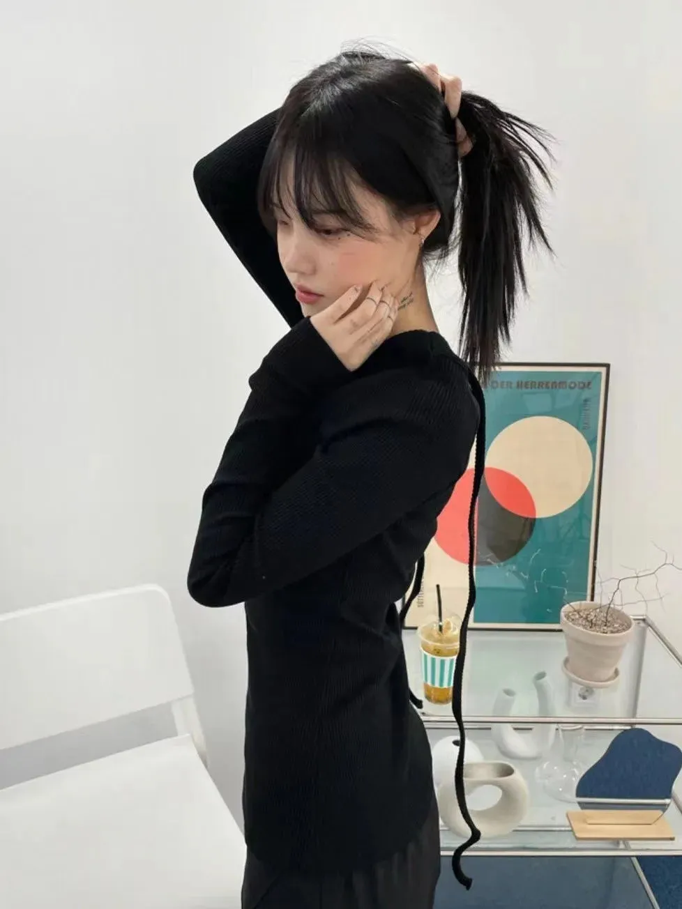 Aiertu Grunge Ribbed T-shirt Korean Fashion Chic Print Long Sleeve Tee Shirt Kpop Fairycore Knitted Tshirt Harajuku Streetwear