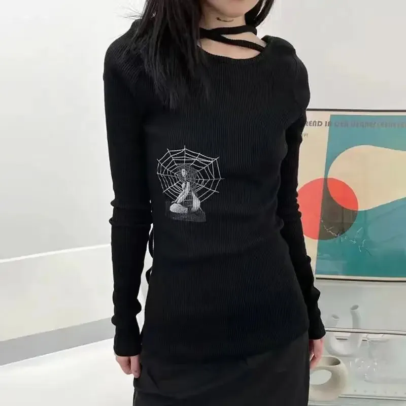 Aiertu Grunge Ribbed T-shirt Korean Fashion Chic Print Long Sleeve Tee Shirt Kpop Fairycore Knitted Tshirt Harajuku Streetwear