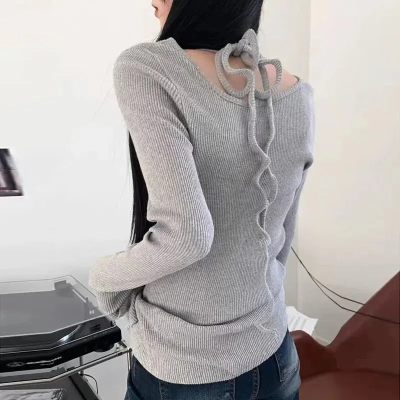 Aiertu Grunge Ribbed T-shirt Korean Fashion Chic Print Long Sleeve Tee Shirt Kpop Fairycore Knitted Tshirt Harajuku Streetwear