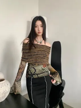 Aiertu Off Shoulder T Shirt Women Clothes Long Sleeve Indie Folk Flare Sleeve Mesh Tops Patchwork Knitted Tops Grunge Tees Y2k