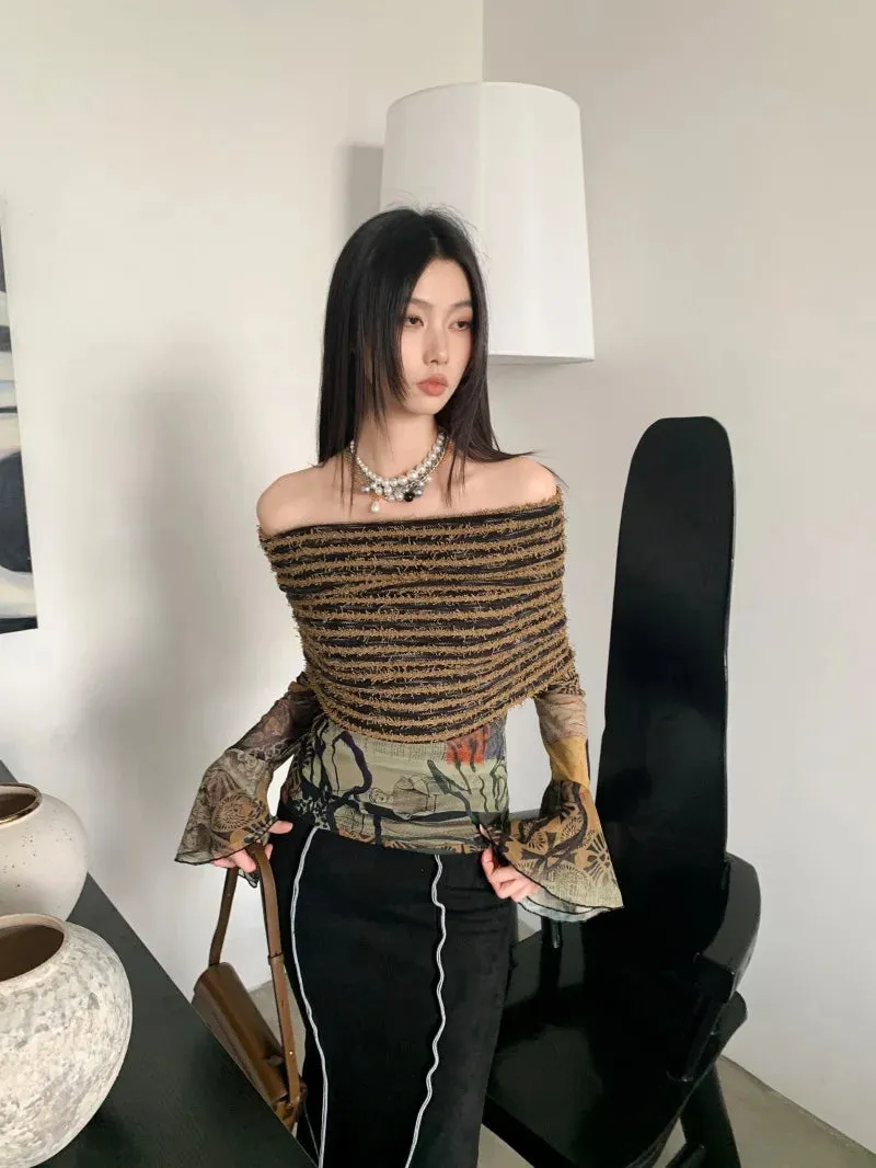 Aiertu Off Shoulder T Shirt Women Clothes Long Sleeve Indie Folk Flare Sleeve Mesh Tops Patchwork Knitted Tops Grunge Tees Y2k