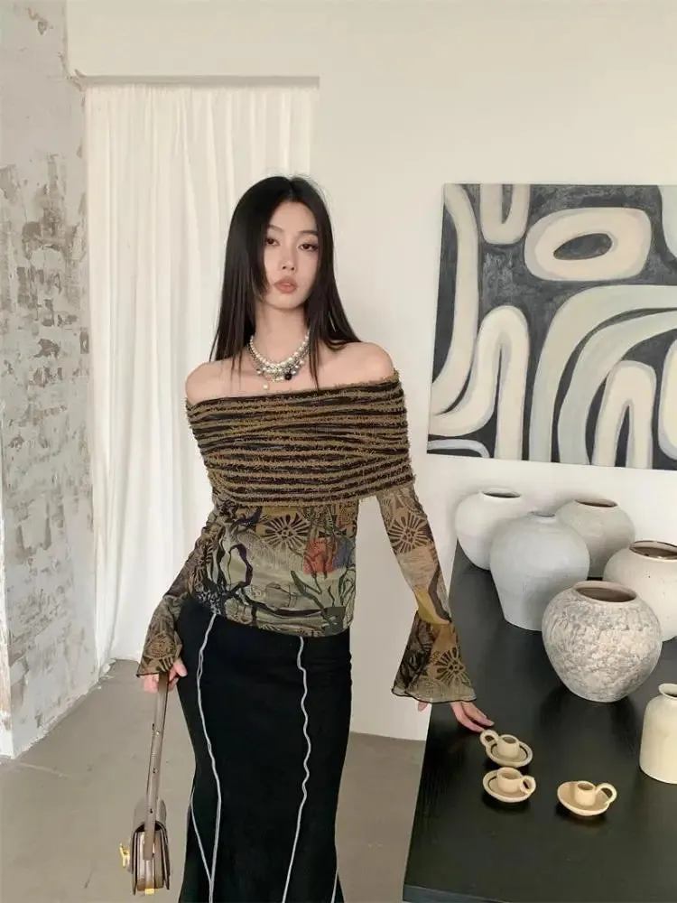 Aiertu Off Shoulder T Shirt Women Clothes Long Sleeve Indie Folk Flare Sleeve Mesh Tops Patchwork Knitted Tops Grunge Tees Y2k