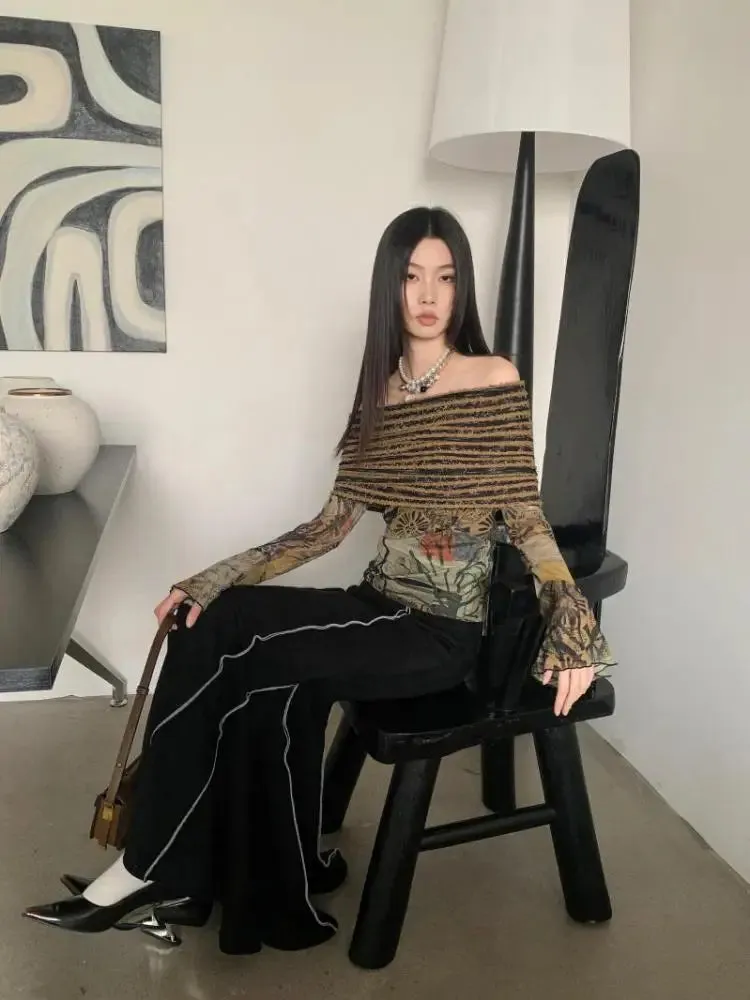 Aiertu Off Shoulder T Shirt Women Clothes Long Sleeve Indie Folk Flare Sleeve Mesh Tops Patchwork Knitted Tops Grunge Tees Y2k