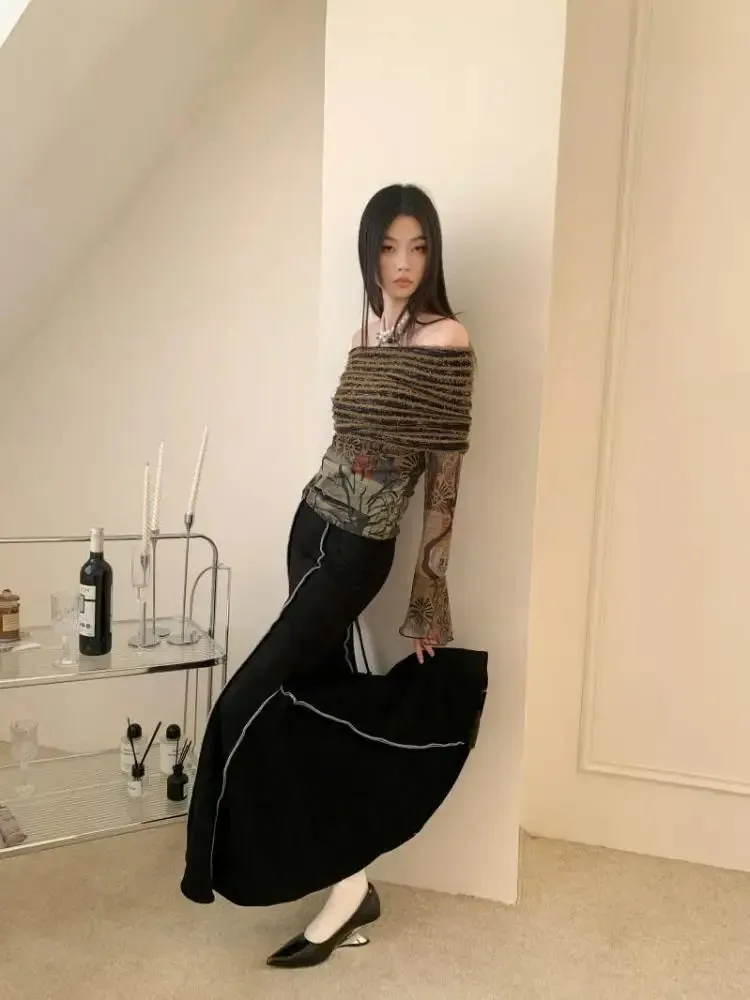 Aiertu Off Shoulder T Shirt Women Clothes Long Sleeve Indie Folk Flare Sleeve Mesh Tops Patchwork Knitted Tops Grunge Tees Y2k