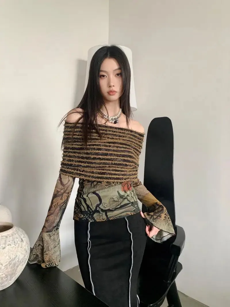 Aiertu Off Shoulder T Shirt Women Clothes Long Sleeve Indie Folk Flare Sleeve Mesh Tops Patchwork Knitted Tops Grunge Tees Y2k