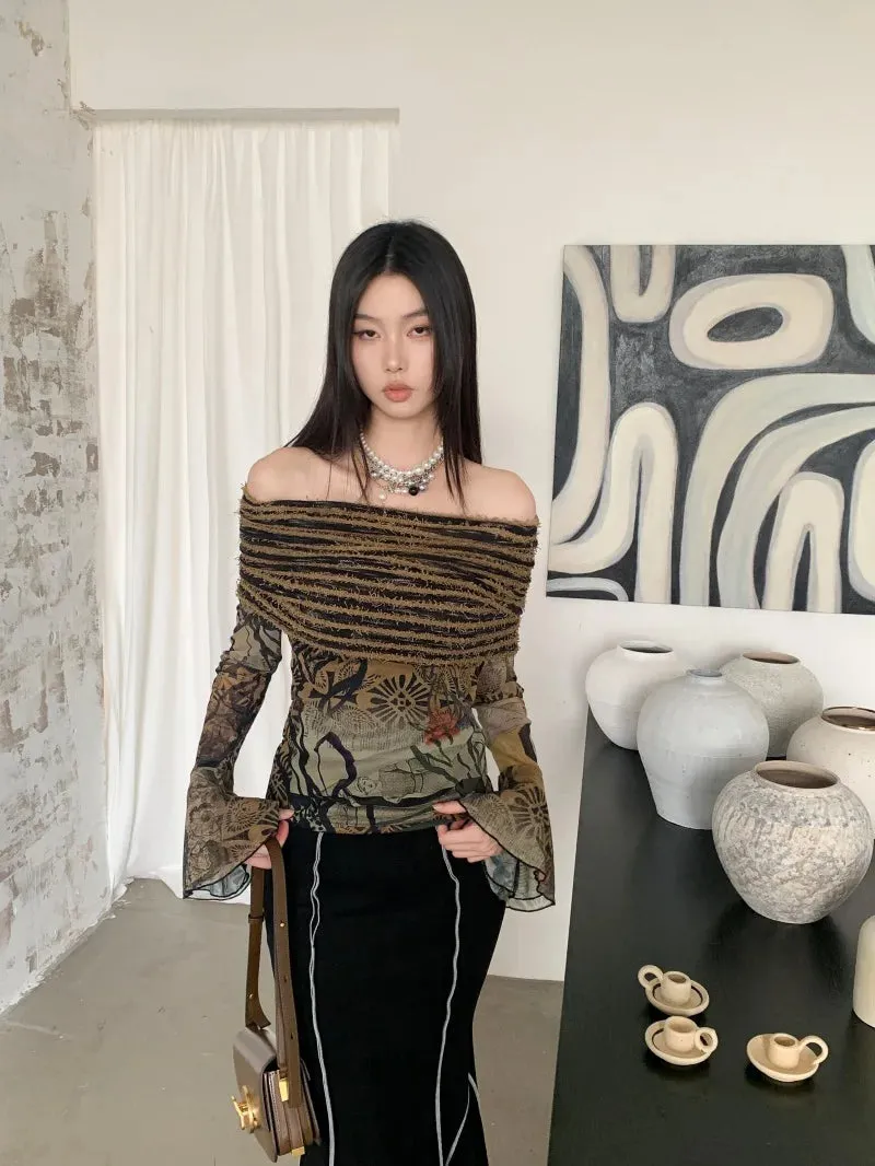 Aiertu Off Shoulder T Shirt Women Clothes Long Sleeve Indie Folk Flare Sleeve Mesh Tops Patchwork Knitted Tops Grunge Tees Y2k